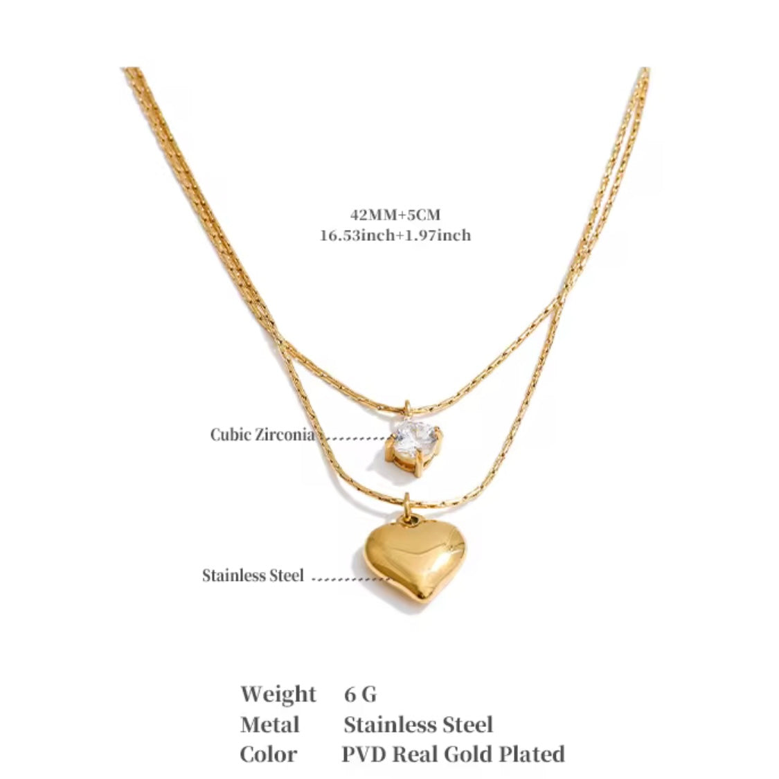 Heart and Crystal Double Necklace