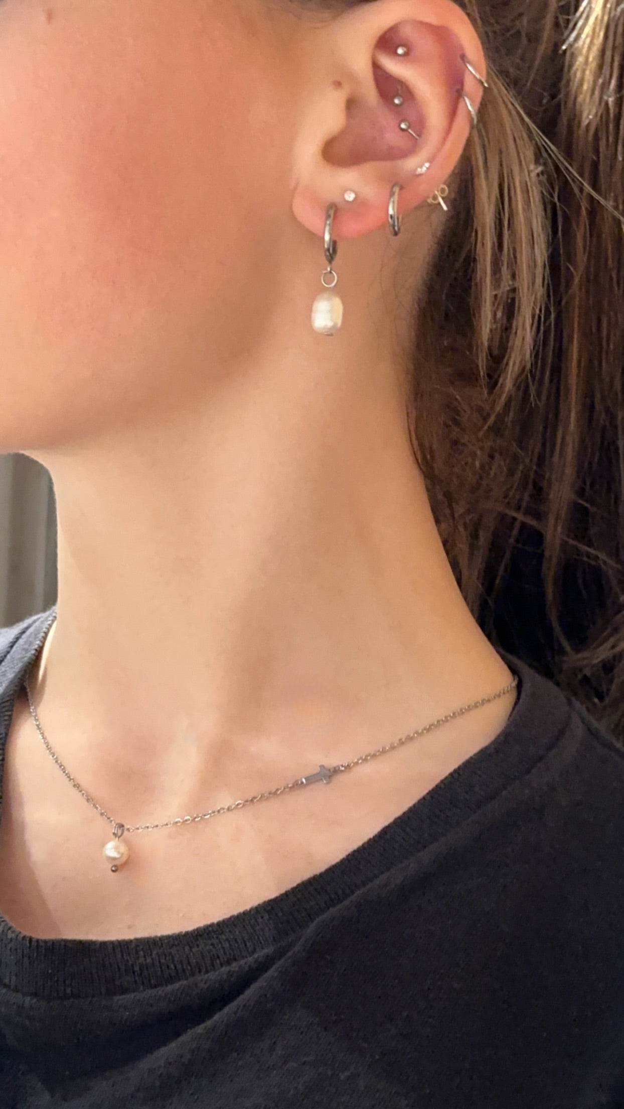 Mini side cross and Pearl Necklace
