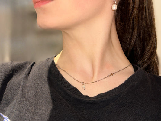 Mini side cross and Pearl Necklace