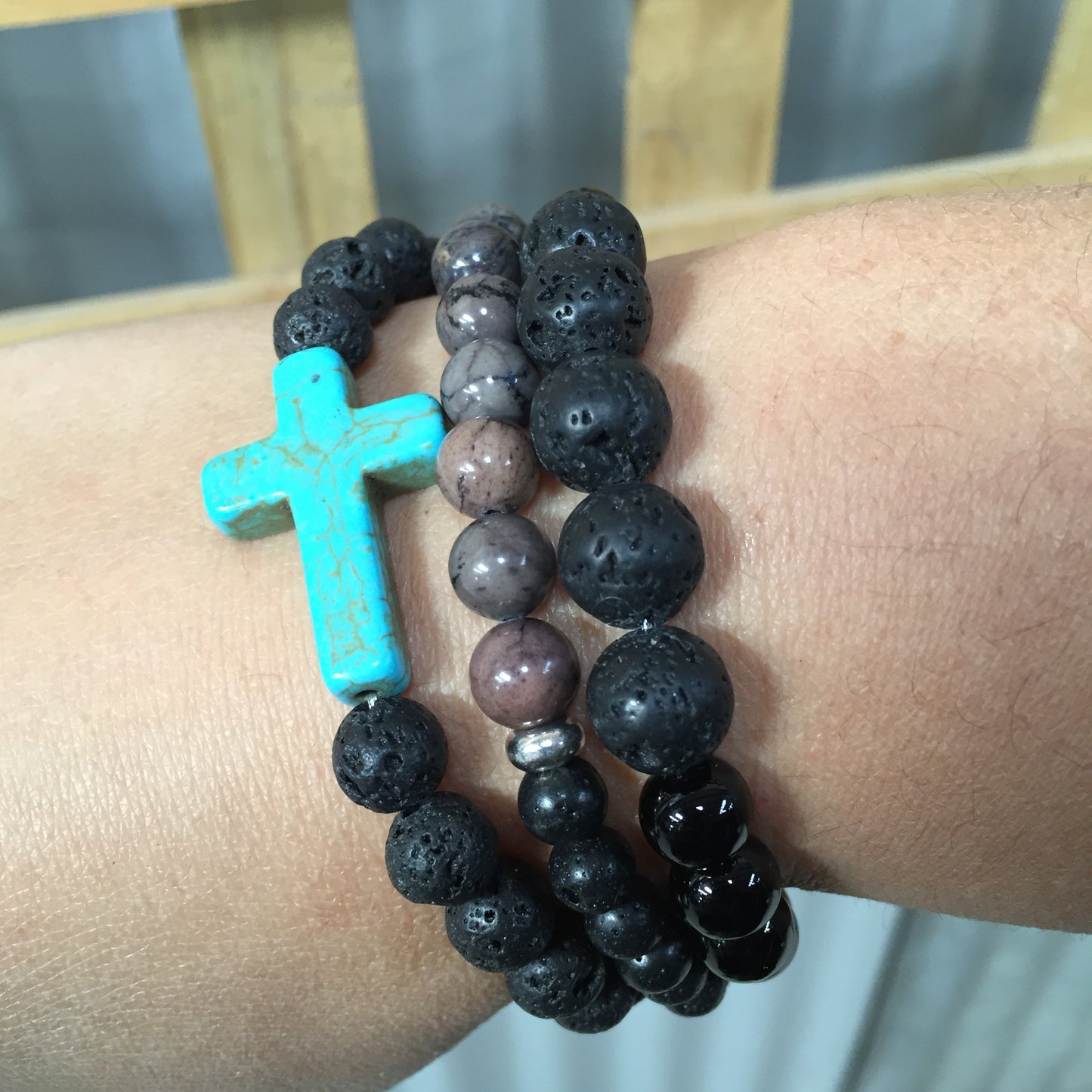 ‘Christo’ Turquoise Howlite Cross and Lava Rock #294
