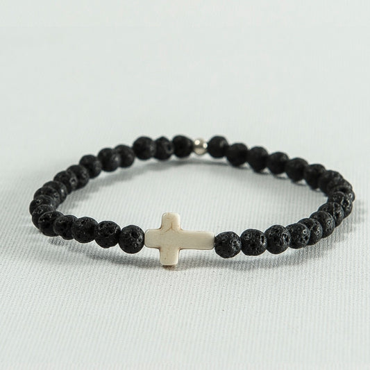 Howlite Cross and Lava Rock #B010