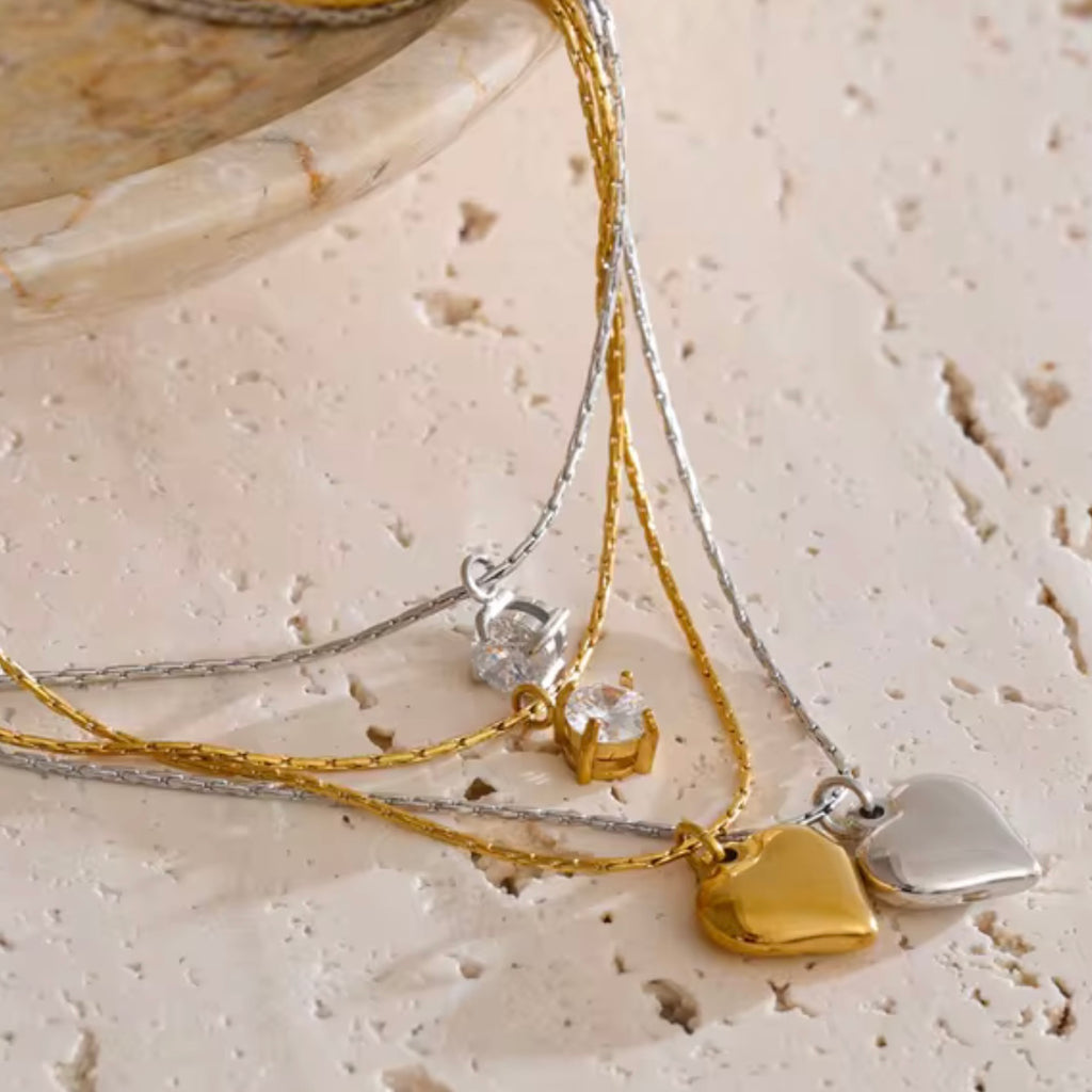 Heart and Crystal Double Necklace