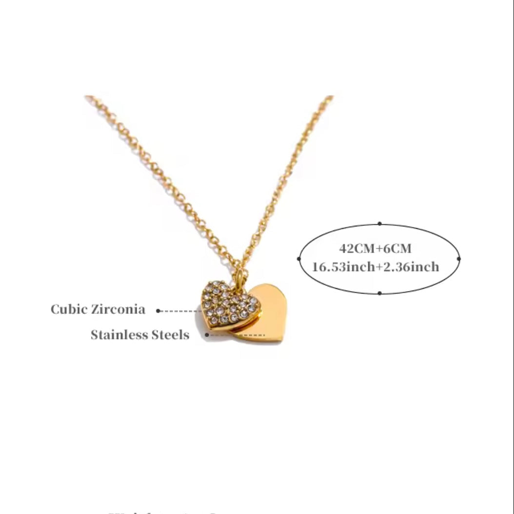 42cm Gold PVD Stainless Steewl Necklace with cubic zirconia double Heart Charms 