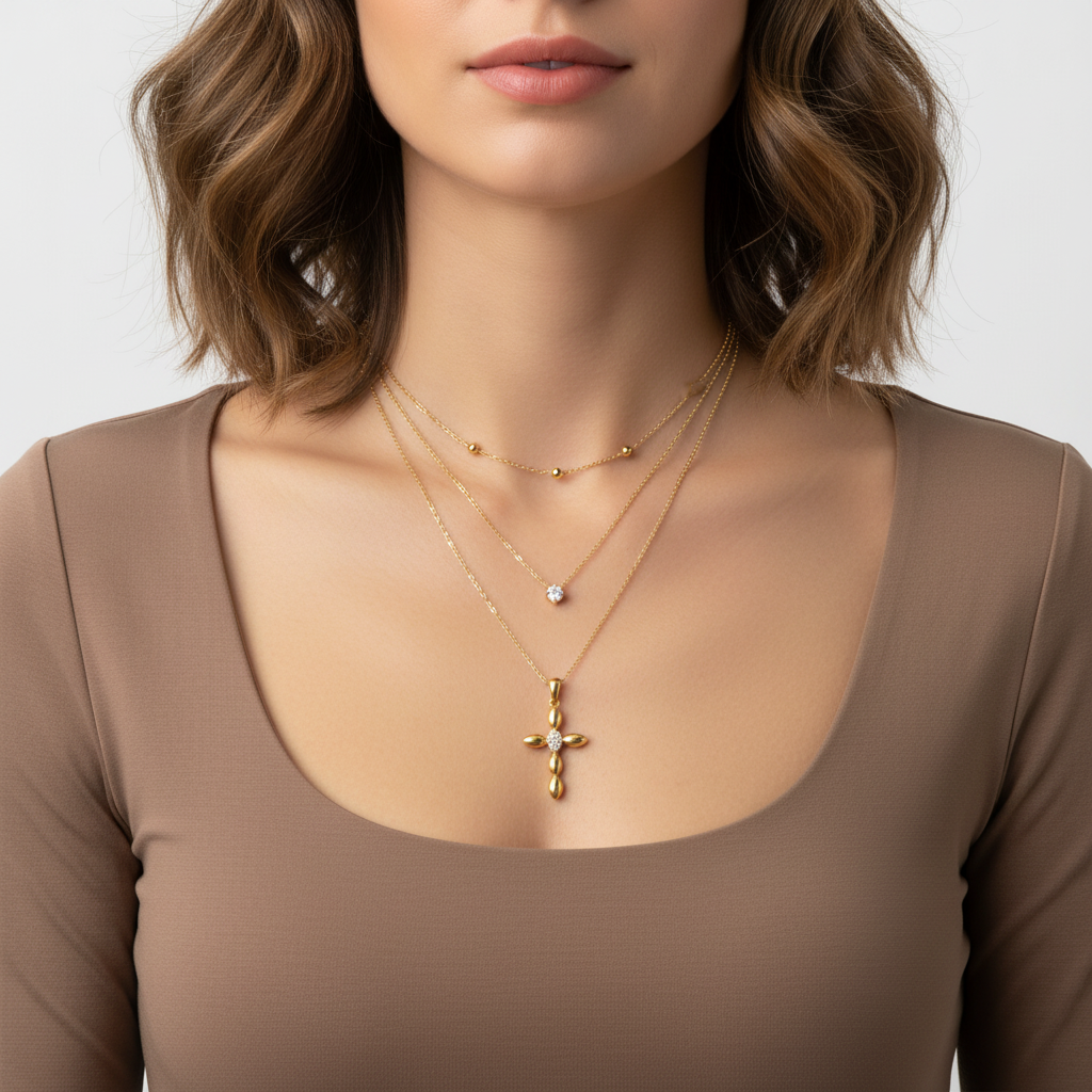 Cross and Crystal Double Necklace