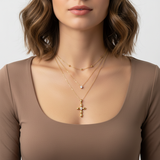 Cross and Crystal Double Necklace