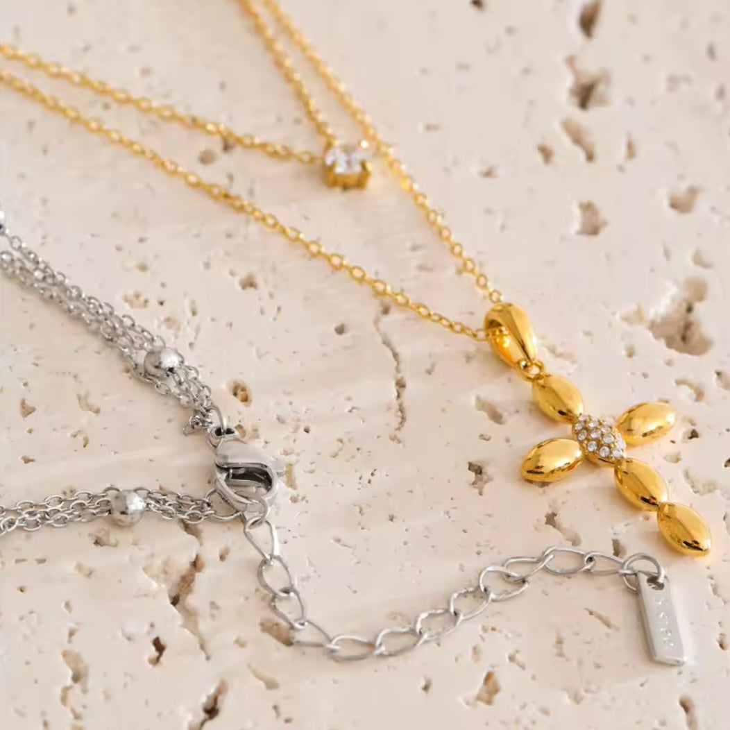 Cross and Crystal Double Necklace