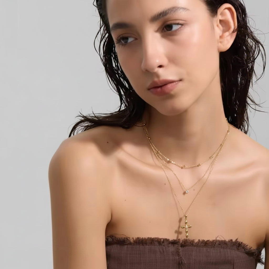 Cross and Crystal Double Necklace