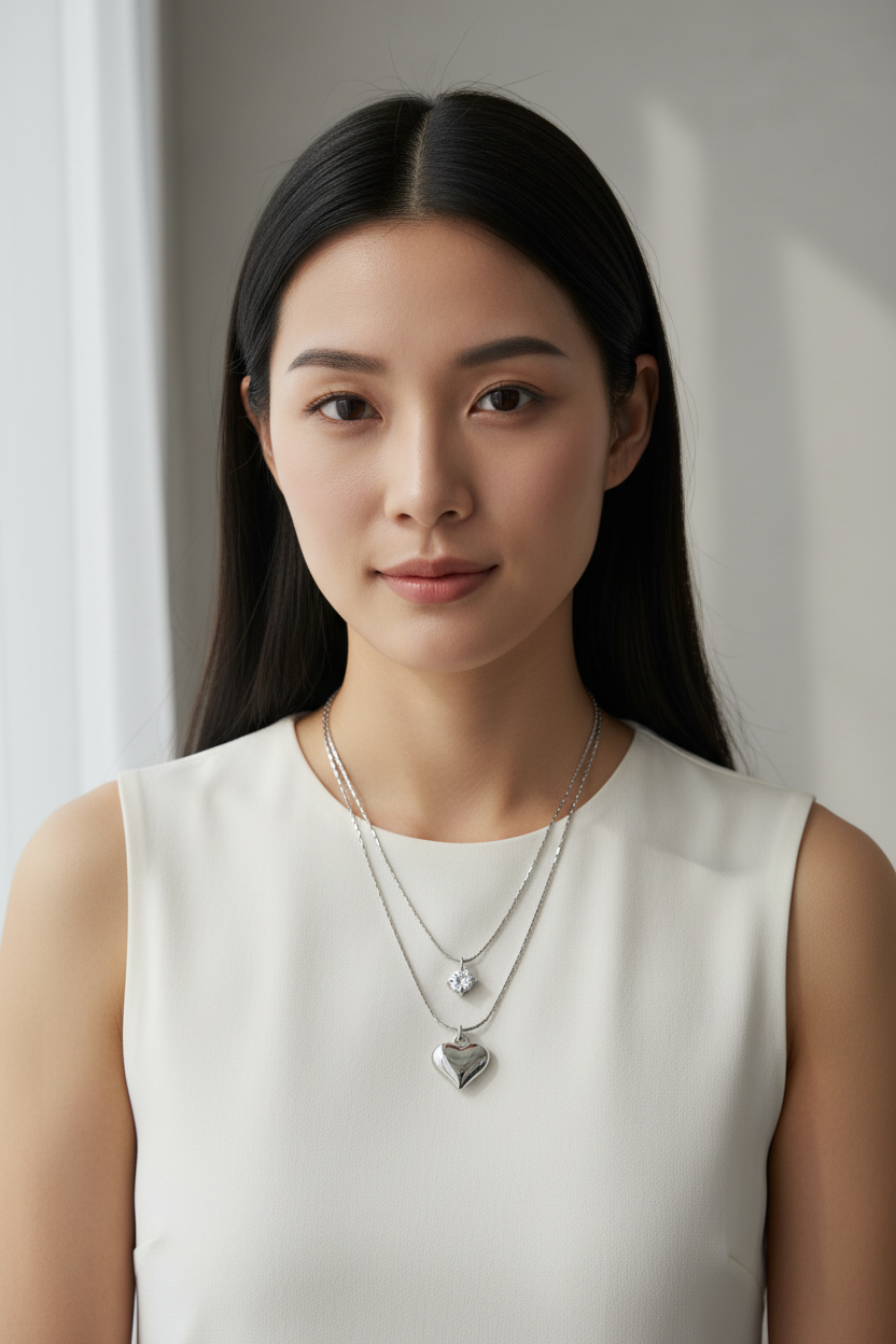 Heart and Crystal Double Necklace