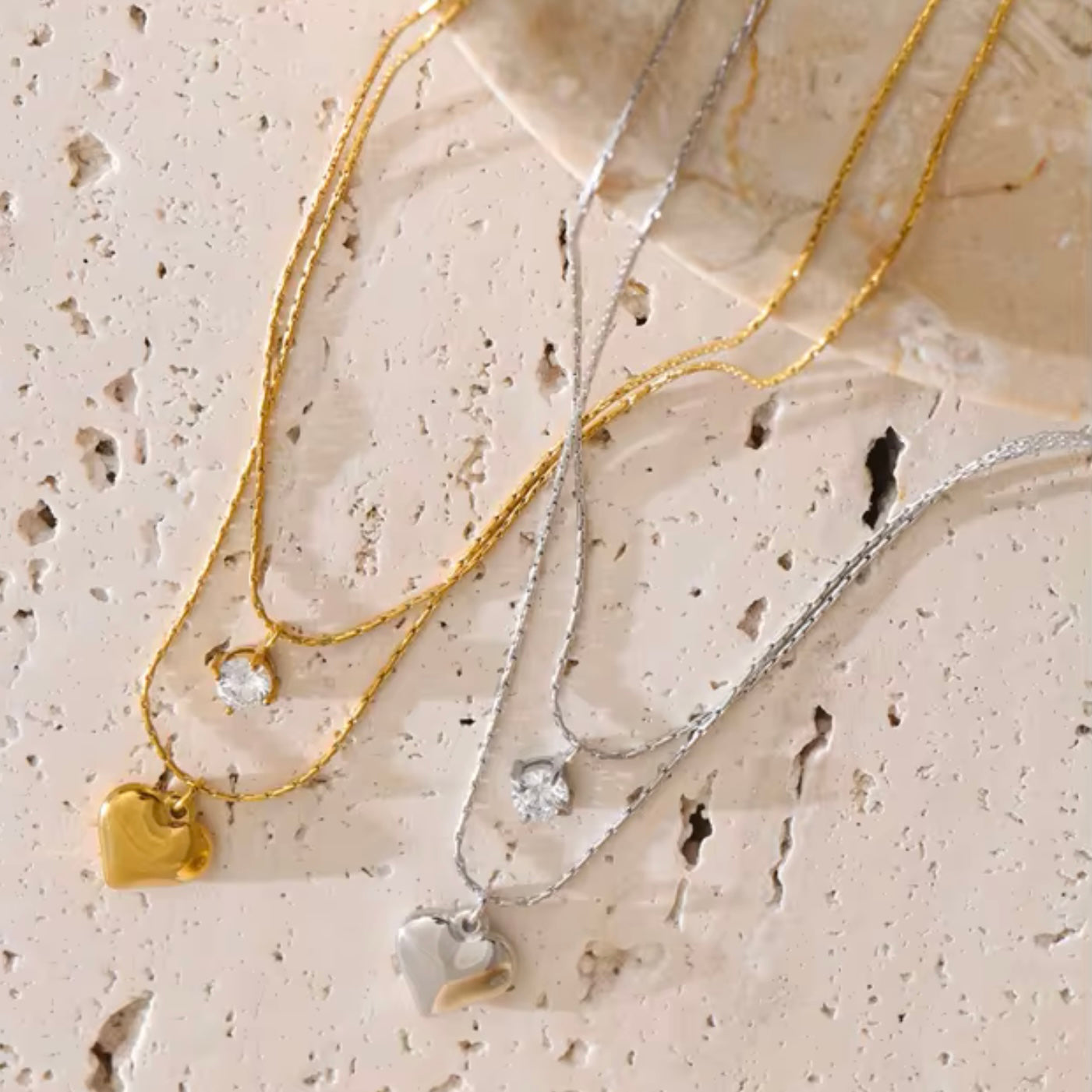 Heart and Crystal Double Necklace