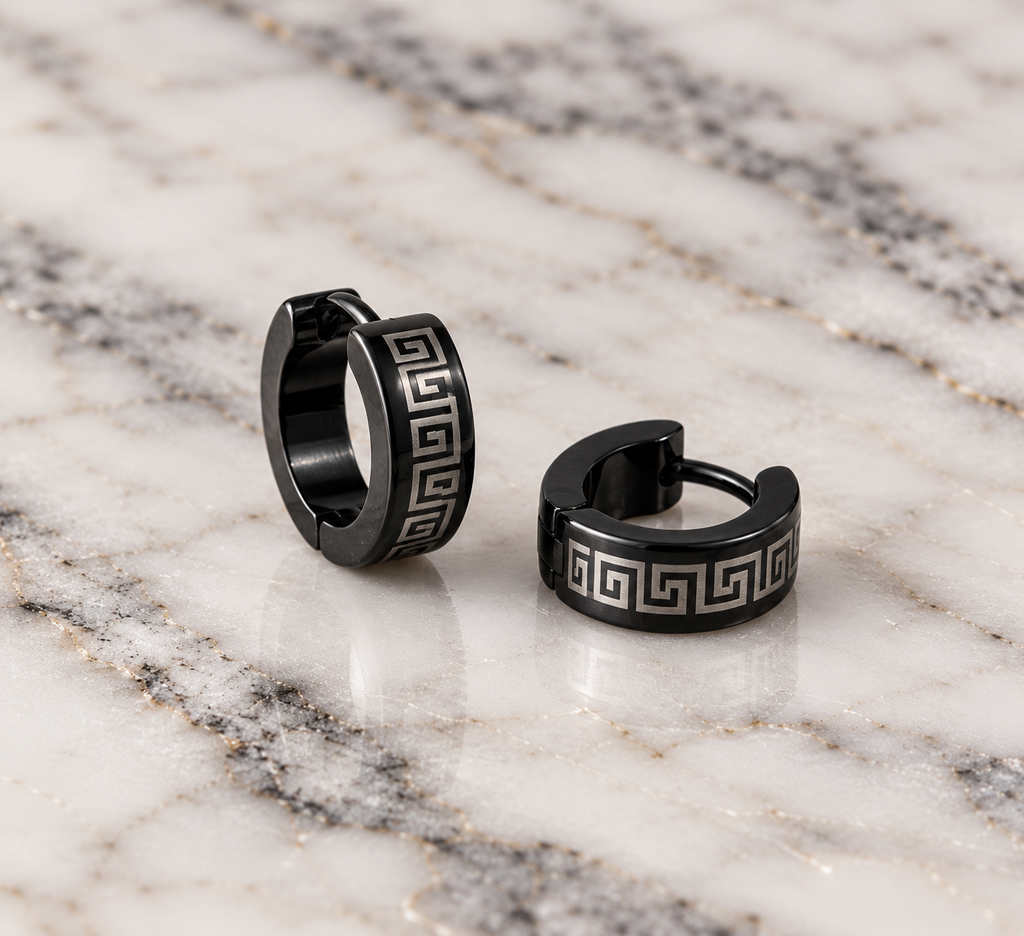 Greek Key Black Huggie Earrings (12mm)