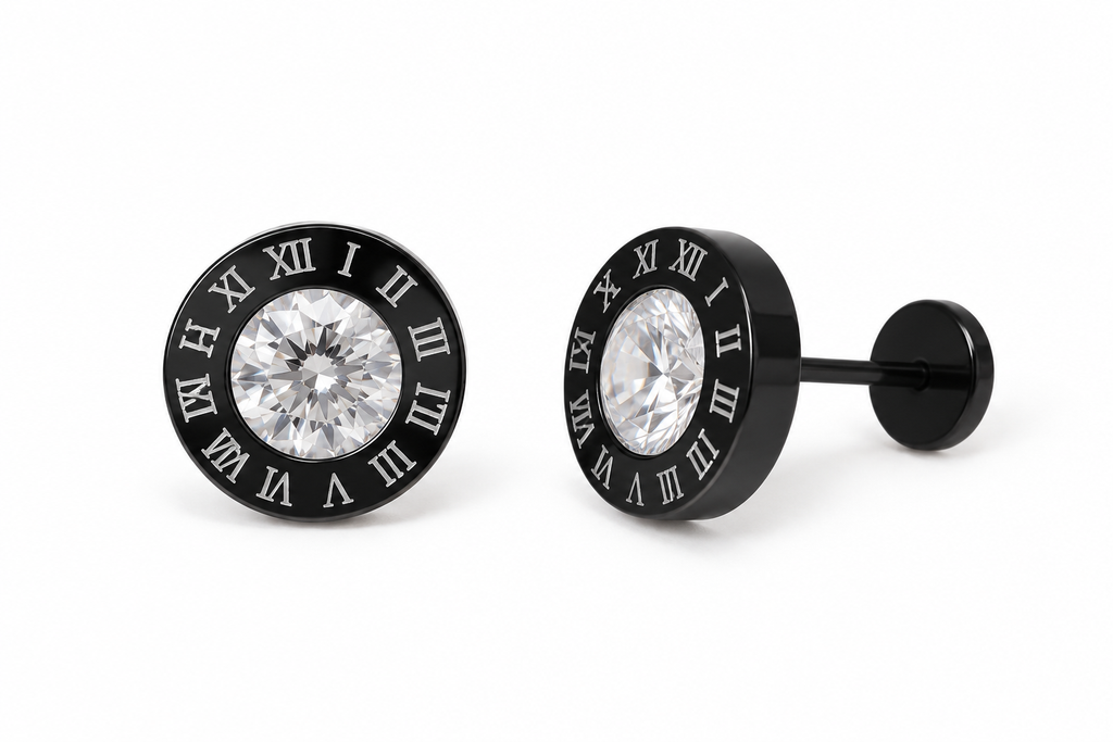 Black Roman Numeral Stud Earrings (9mm)