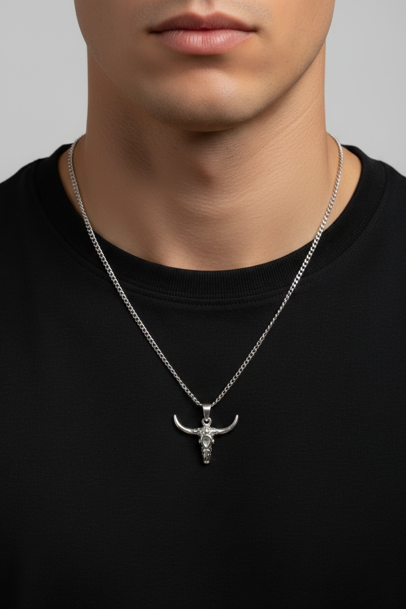 Silver necklace with a bull head pendant worn by a person on a plain background