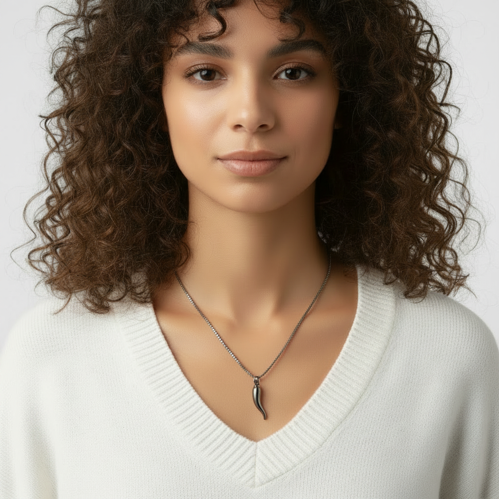 Woman with curly hair wearing a white sweater and silver chilli necklace with a plain background