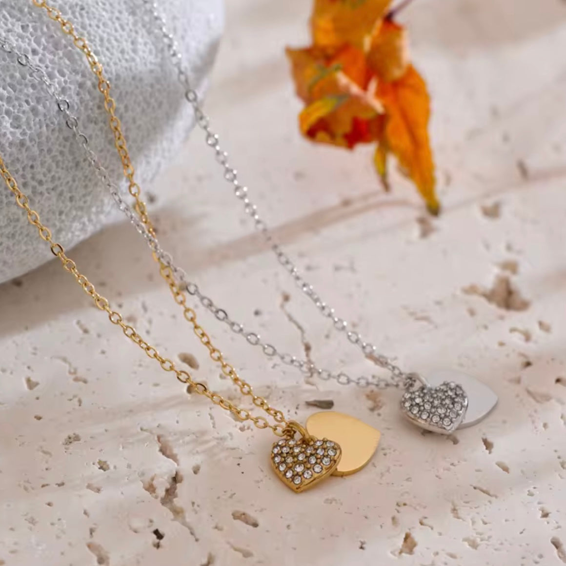 Double heart Cubic Zirconia  Charm Necklace in PVD gold or silver stainless steel necklaces 