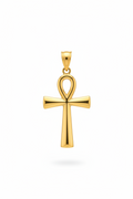 A polished yellow gold pendant shaped like an ankh cross, featuring a smooth, reflective finish and a top bail for a chain, shown against a plain white background.