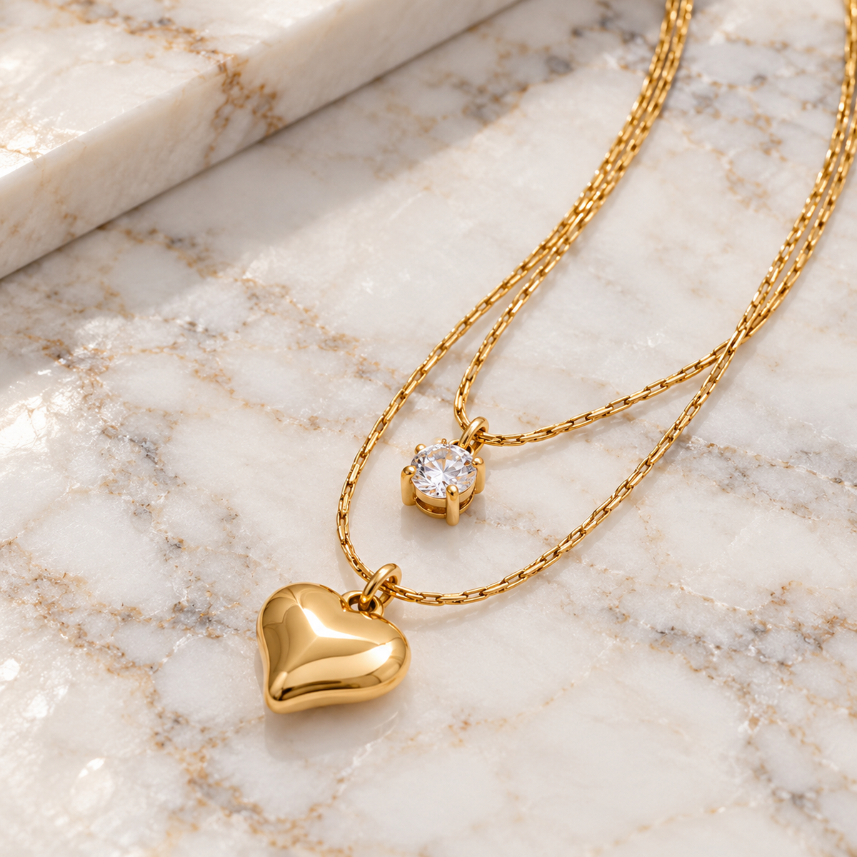 Heart and Crystal Double Necklace