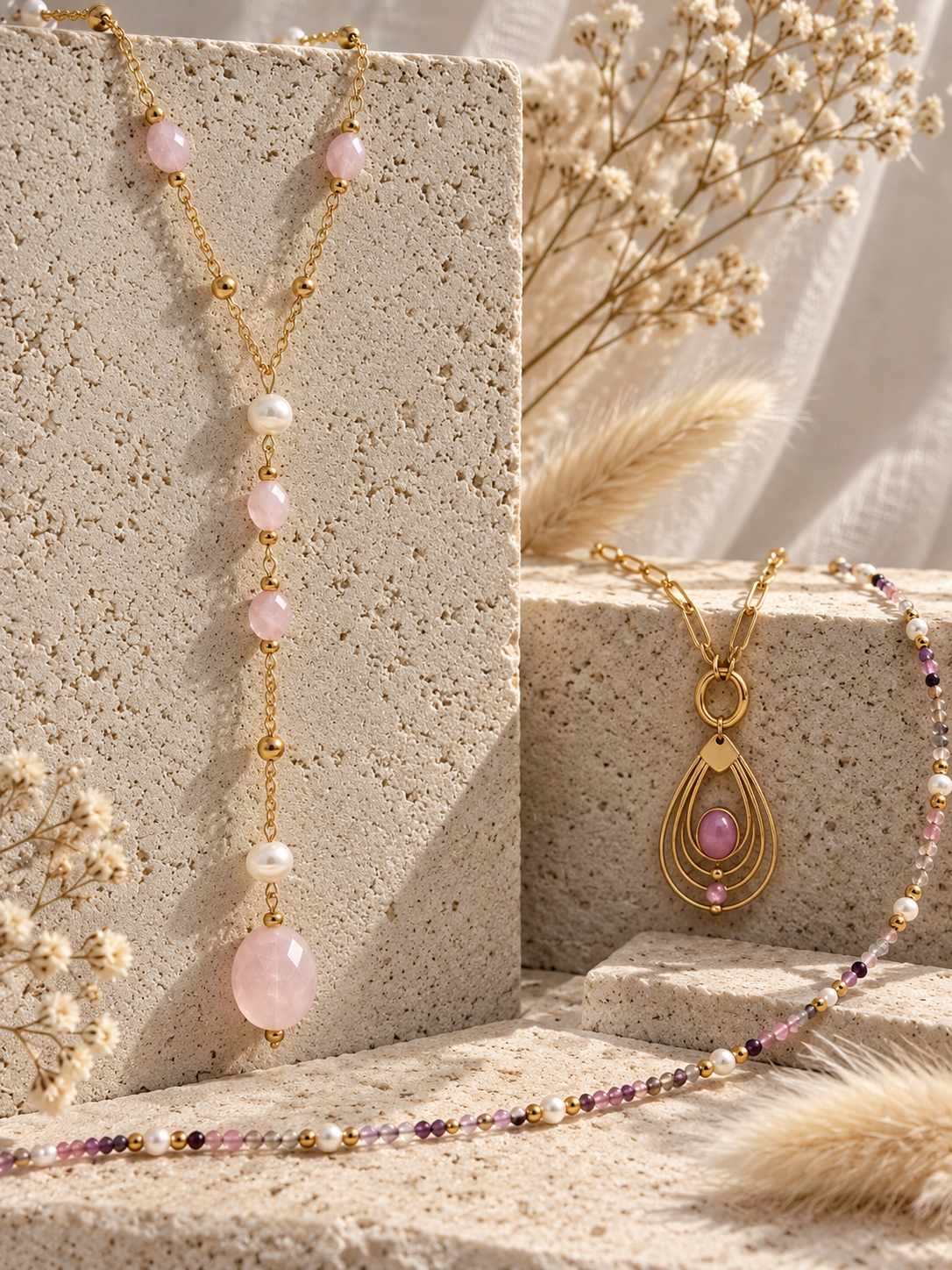 Aurora Lariat Rose Quartz Necklace