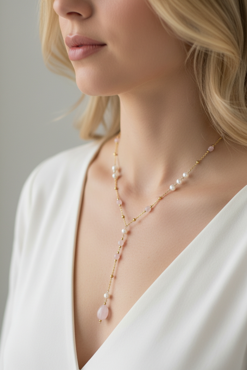 Aurora Lariat Rose Quartz Necklace