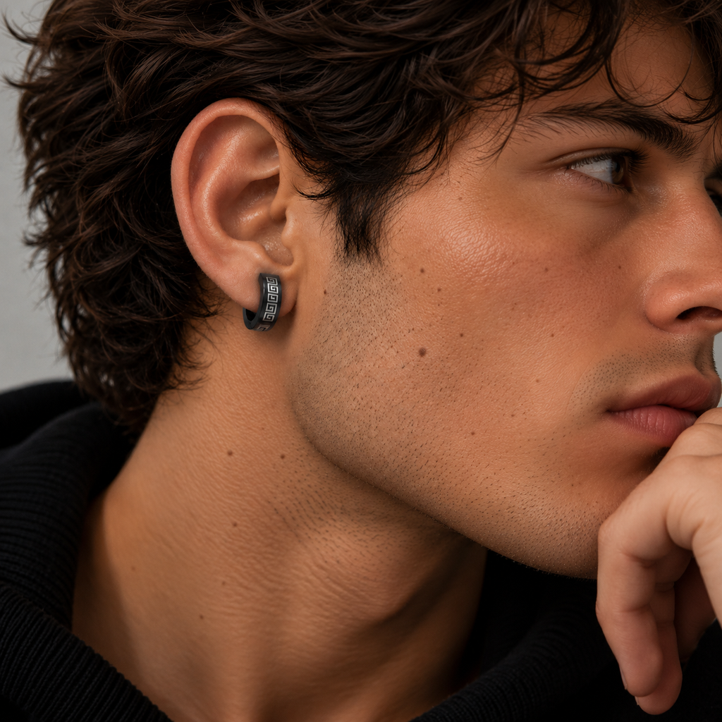 Greek Key Black Huggie Earrings (12mm)