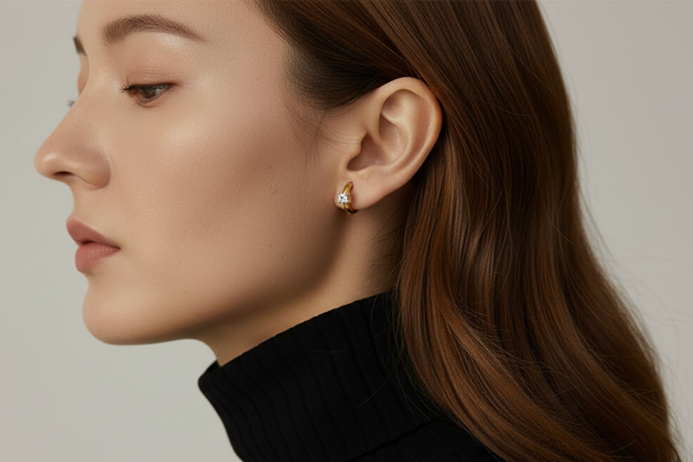A close-up side profile of a woman with long brown hair wearing a small gold earring with clear stones, paired with a black ribbed turtleneck top against a soft light gray background.