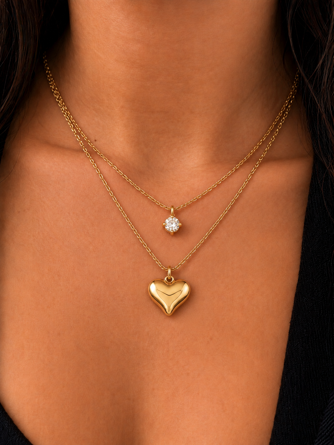 Heart and Crystal Double Necklace