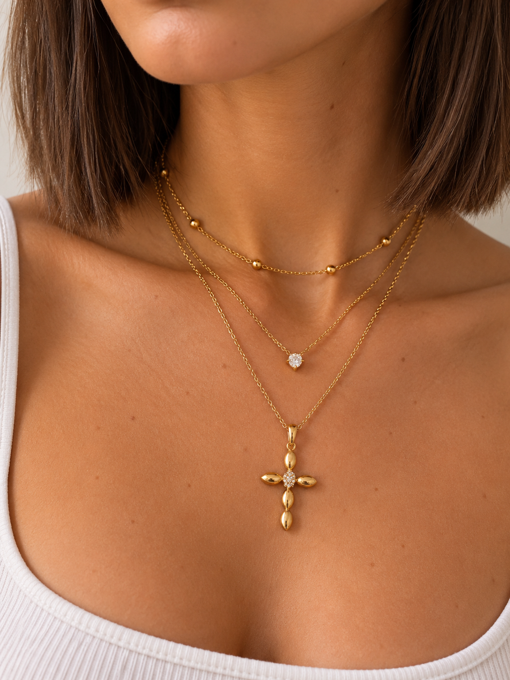 Cross and Crystal Double Necklace