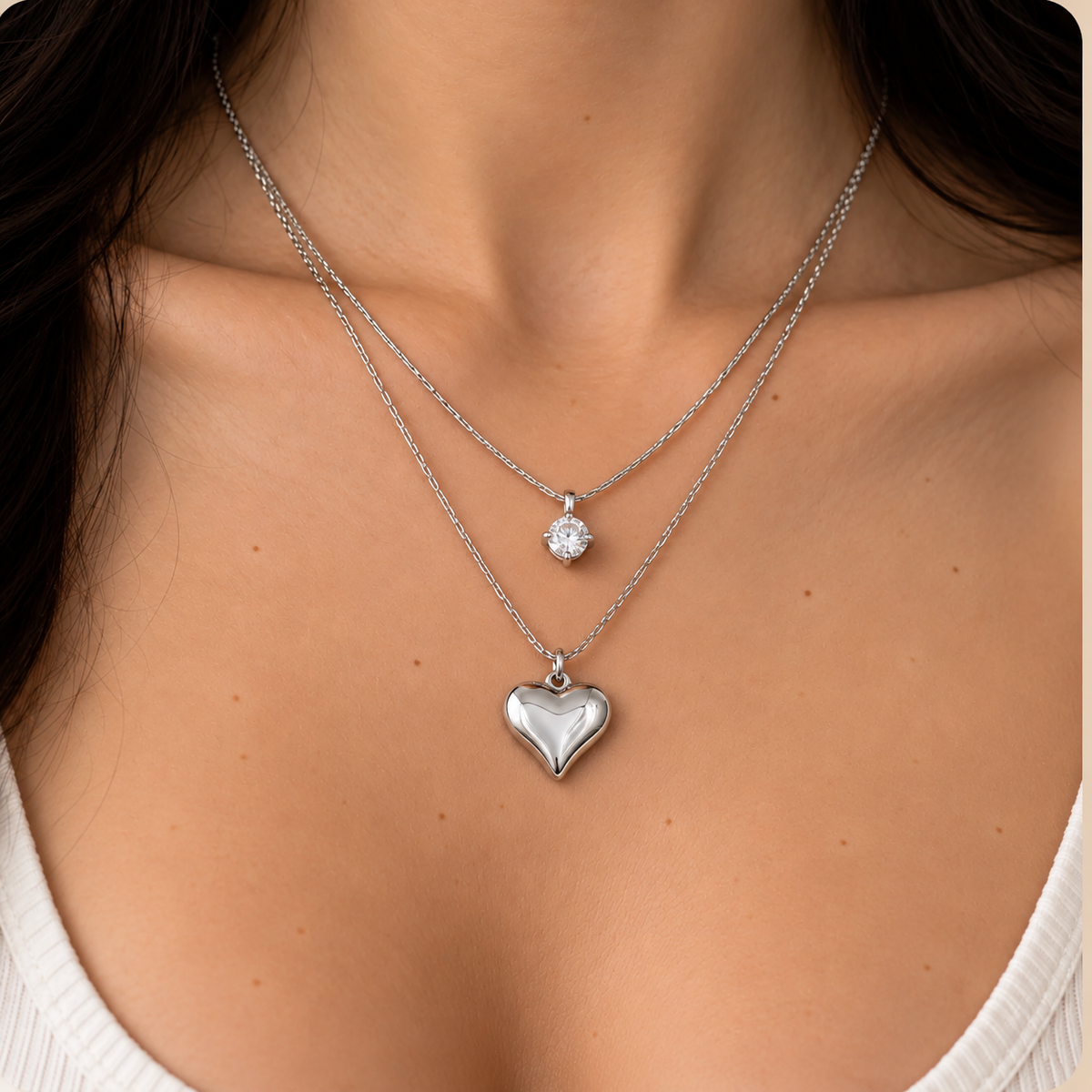 Heart and Crystal Double Necklace