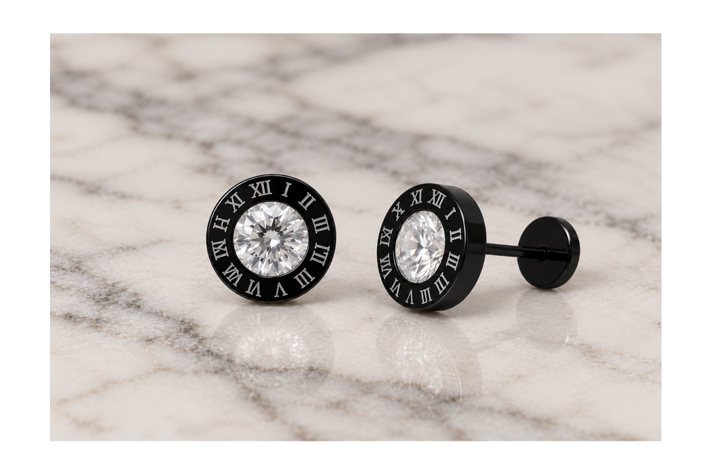 Black Roman Numeral Stud Earrings (9mm)