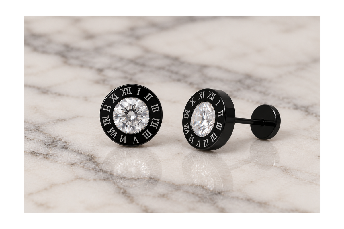 Black Roman Numeral Stud Earrings (9mm)