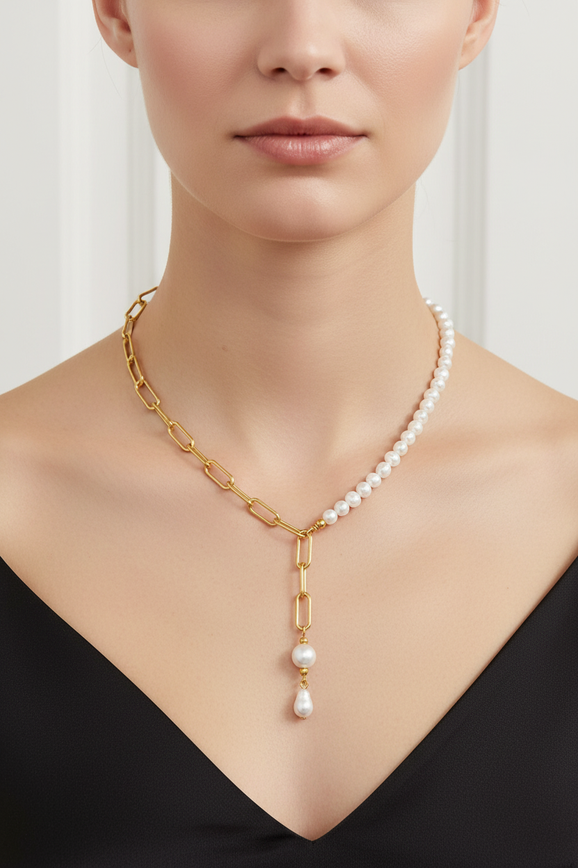 A close-up of a model wearing a gold and pearl necklace. The necklace features a gold paperclip chain, a strand of white pearls, and a central gold Y-shaped drop ending in a single pearl bead, styled with a black V-neck top.
