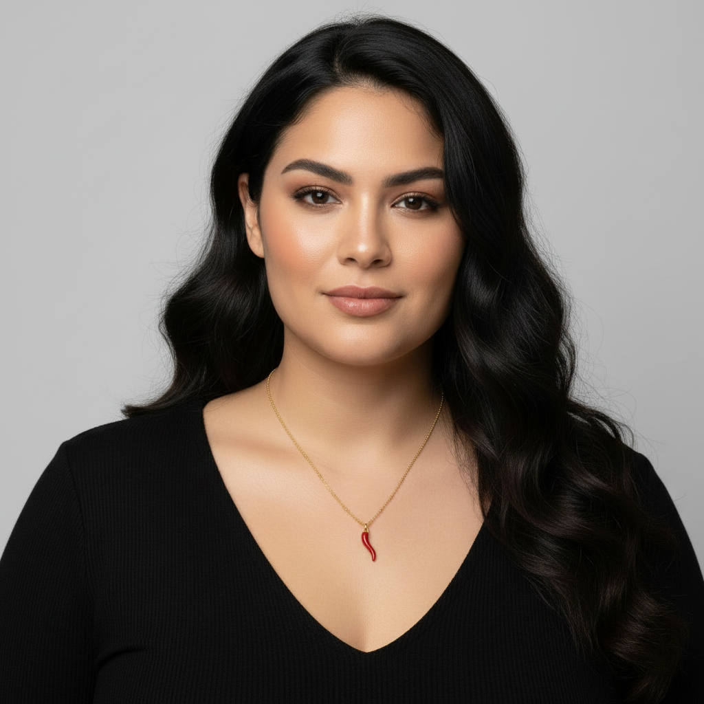 Woman wearing a black top and a necklace with a red chilli charm against a gray background