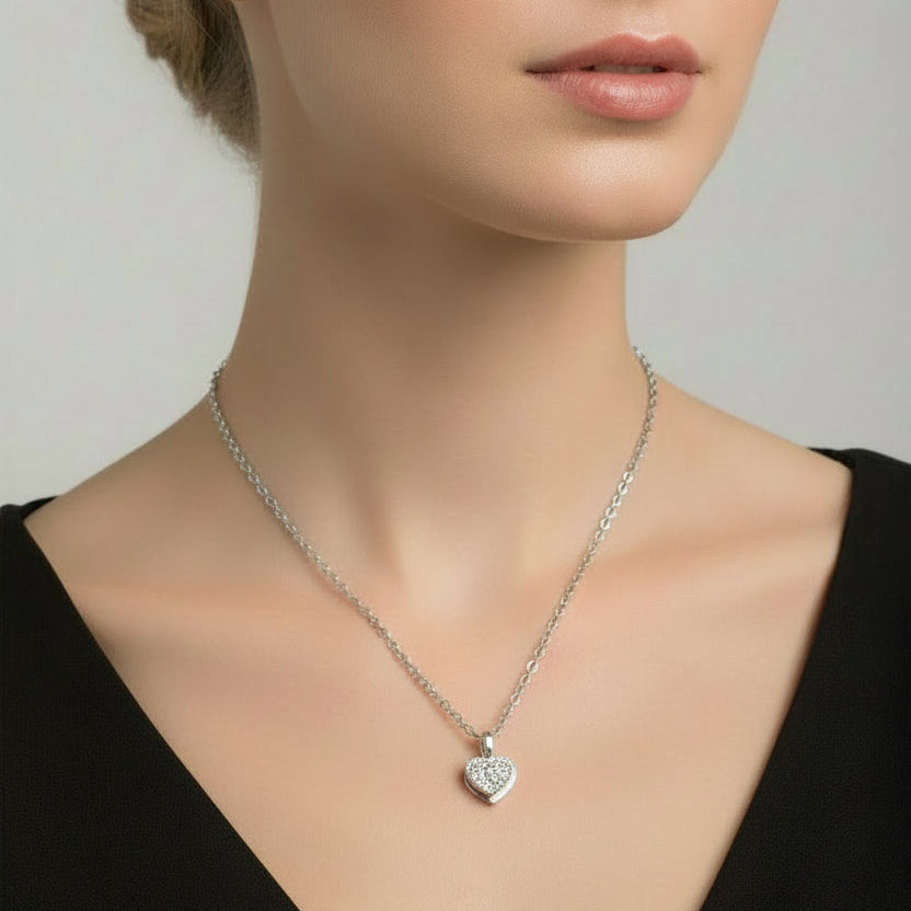 Stainless Steel Double Heart Silver necklace with embedded zirconia crystals 