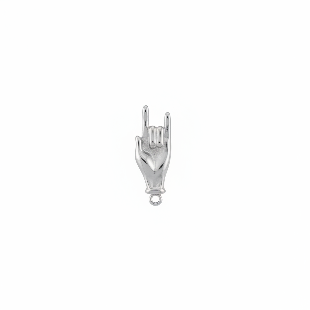 A polished silver charm shaped like a hand making the rock on hand gesture, centered on a plain white background.