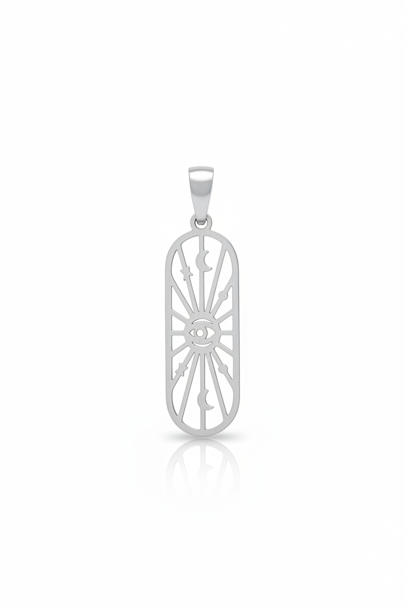 A silver pendant featuring a vertical oval shape with a cutout design of sun rays and crescent moons surrounding an eye motif, shown on a clean white background with a soft reflection below.