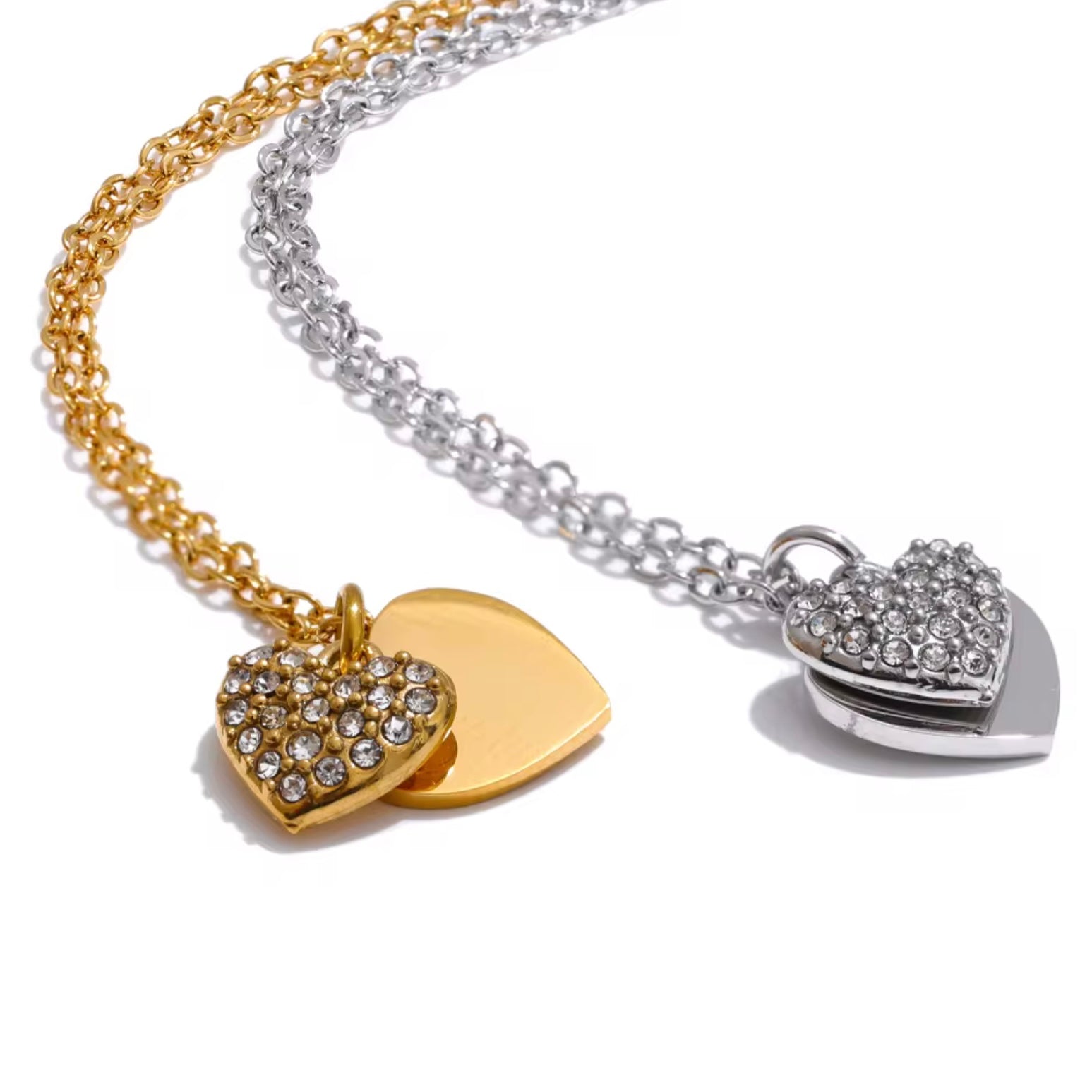 18ct PVD Gold Plated Stainless Steel Double Heart Cubic Zirconia Necklace
