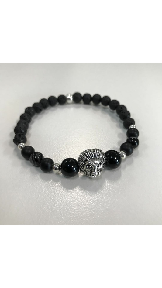 Black Onyx, Agate and Lava Rock Lion #B005